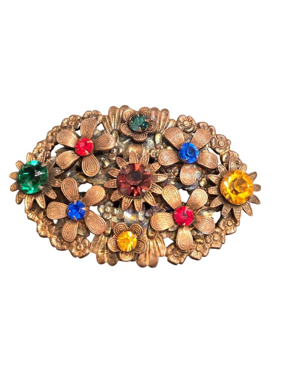 Vintage Gold-Tone Floral Filagree Multicolored Rhinestone Art Deco Czech Brooch